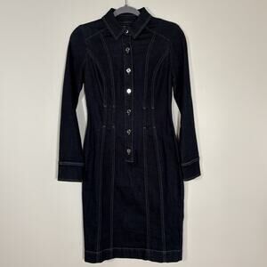 White House Black Market Denim Dress Midi 0 Long Sleeve Contrast Stitch Button